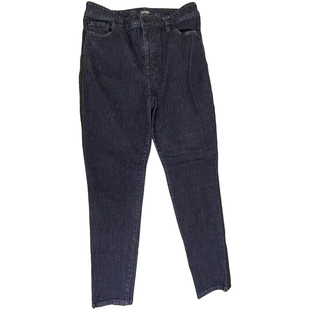 Lauren Ralph Regal Skinny Jeans Women's 14 Dark Blue Denim Tuxedo Stripe